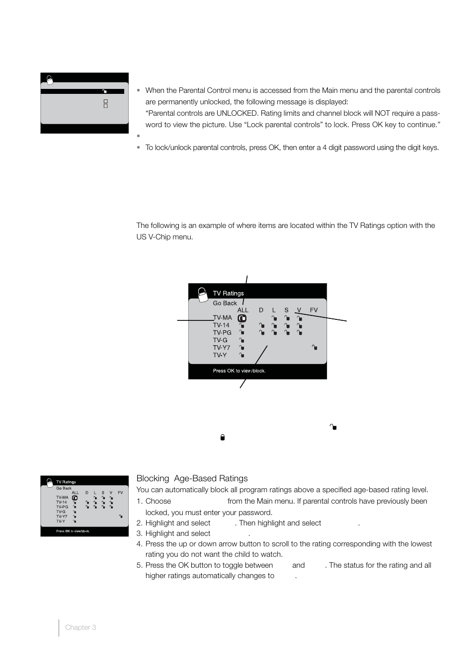 Lock/unlock parental controls, V-chip rating screen, Us v-chip tv ratings blocking age-based ratings | RCA L40HD33D User Manual | Page 34 / 56