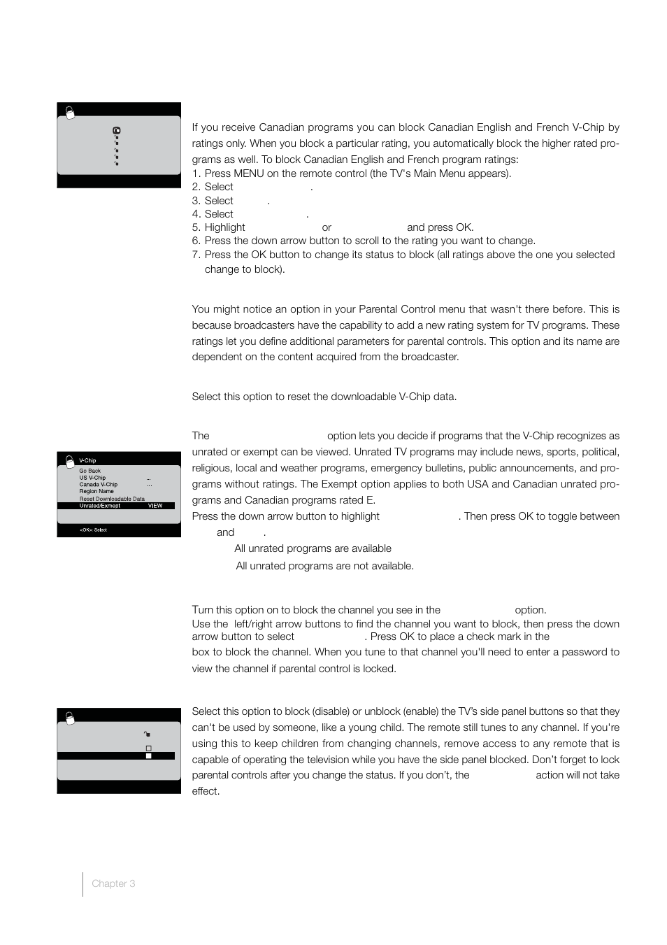 Blocking canada v-chip ratings, Future rating region, Reset downloadable data | Blocking unrated/exempt programs, Block channel, Button block | RCA L40HD33D User Manual | Page 36 / 56