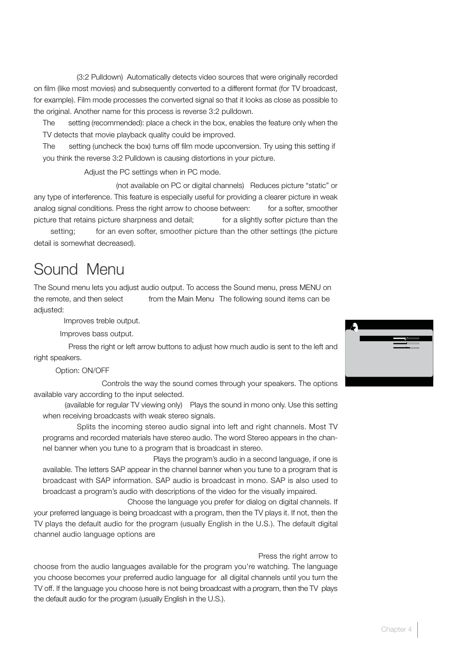 Sound menu | RCA L40HD33D User Manual | Page 39 / 56