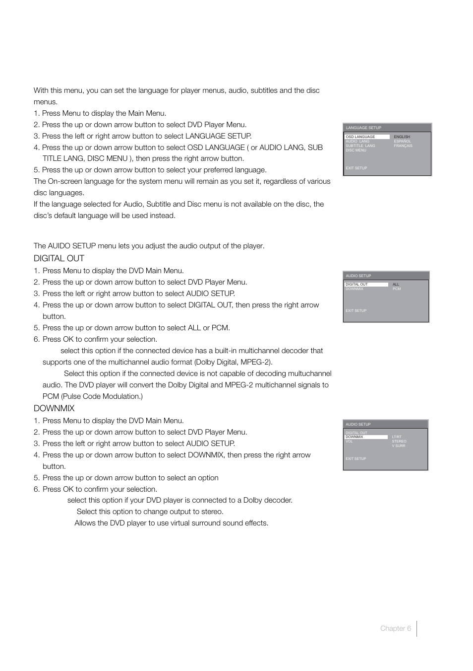 Language setup, Audio setup, Digital out | Downmix | RCA L40HD33D User Manual | Page 47 / 56