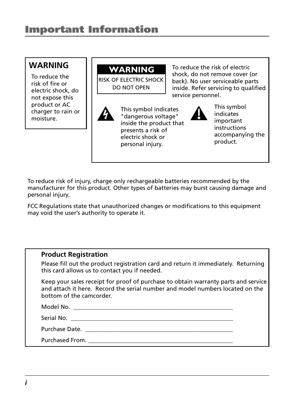 Important information, Warning | RCA CC6374 User Manual | Page 2 / 104