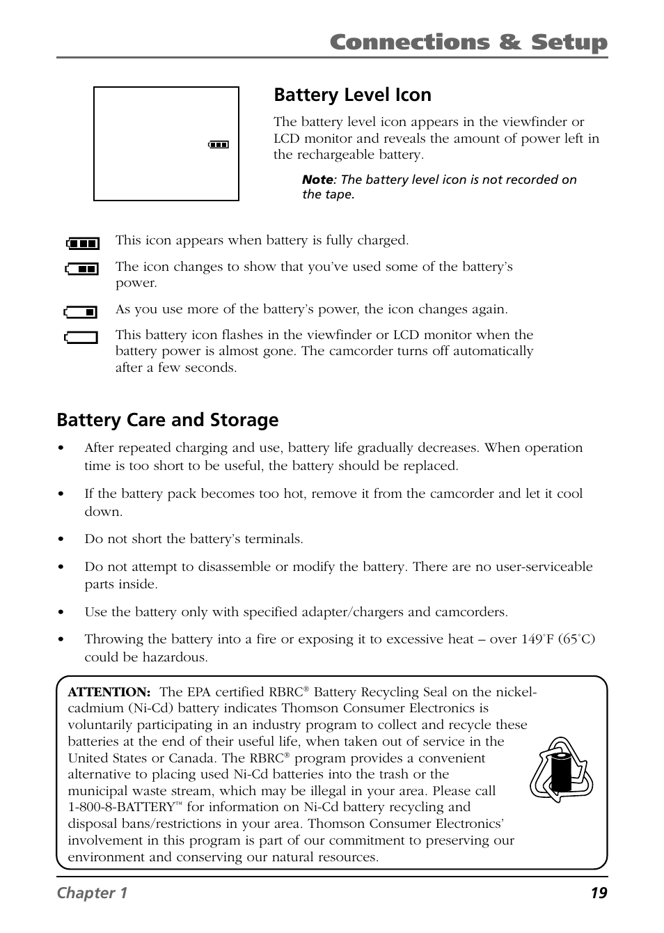 Battery care and storage, Connections & setup, Battery level icon | RCA CC6374 User Manual | Page 21 / 104
