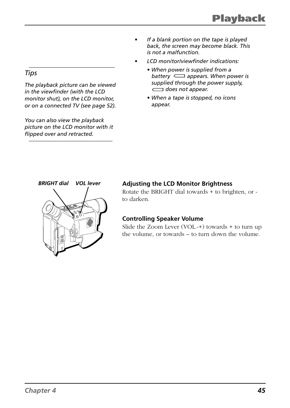 Playback, Chapter 4 45, Tips | Bright dial vol lever | RCA CC6374 User Manual | Page 47 / 104