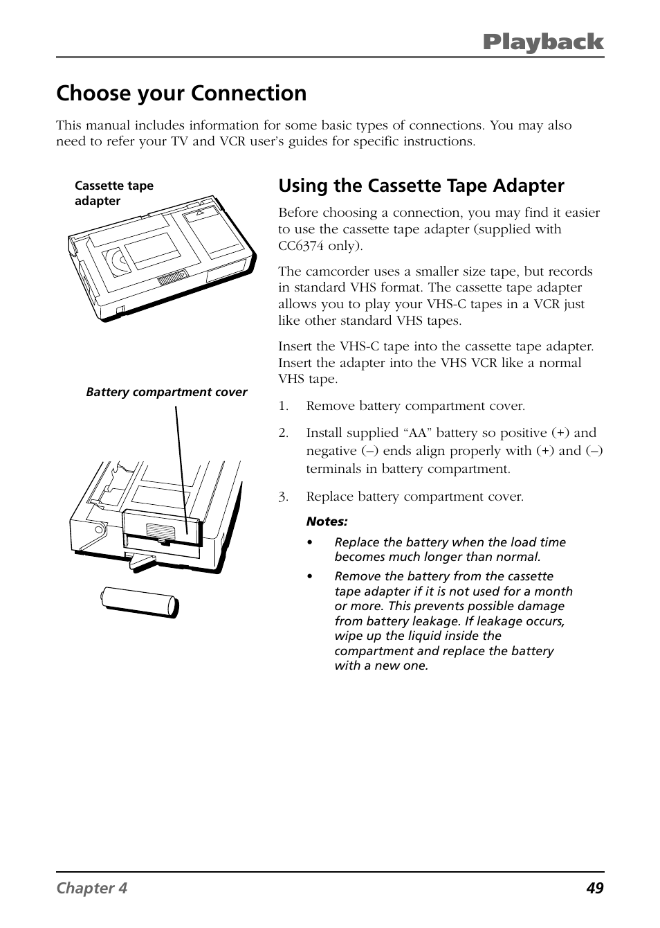 Choose your connection, Using the cassette tape adapter, Playback | RCA CC6374 User Manual | Page 51 / 104