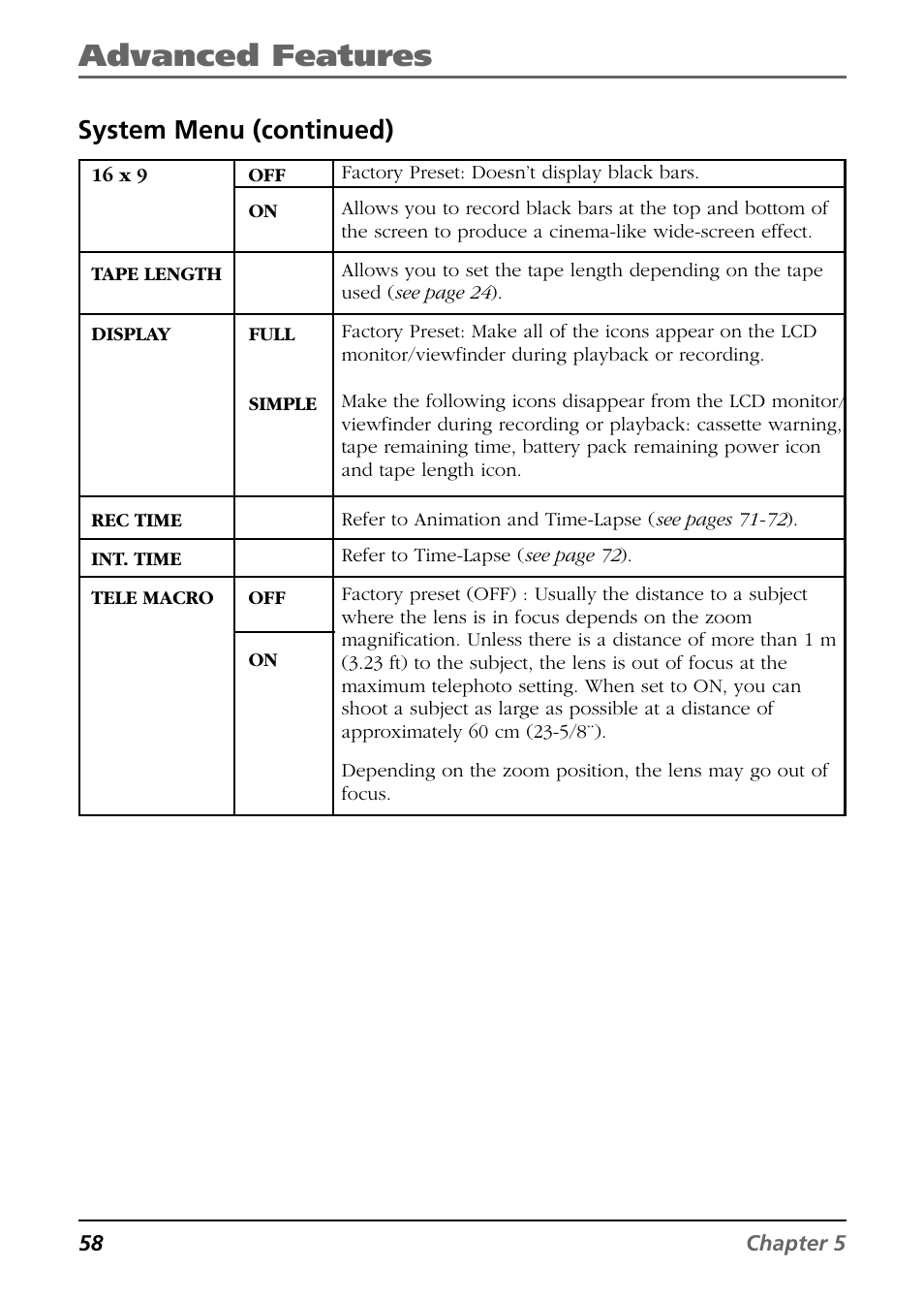 System menu (continued), Advanced features | RCA CC6374 User Manual | Page 60 / 104