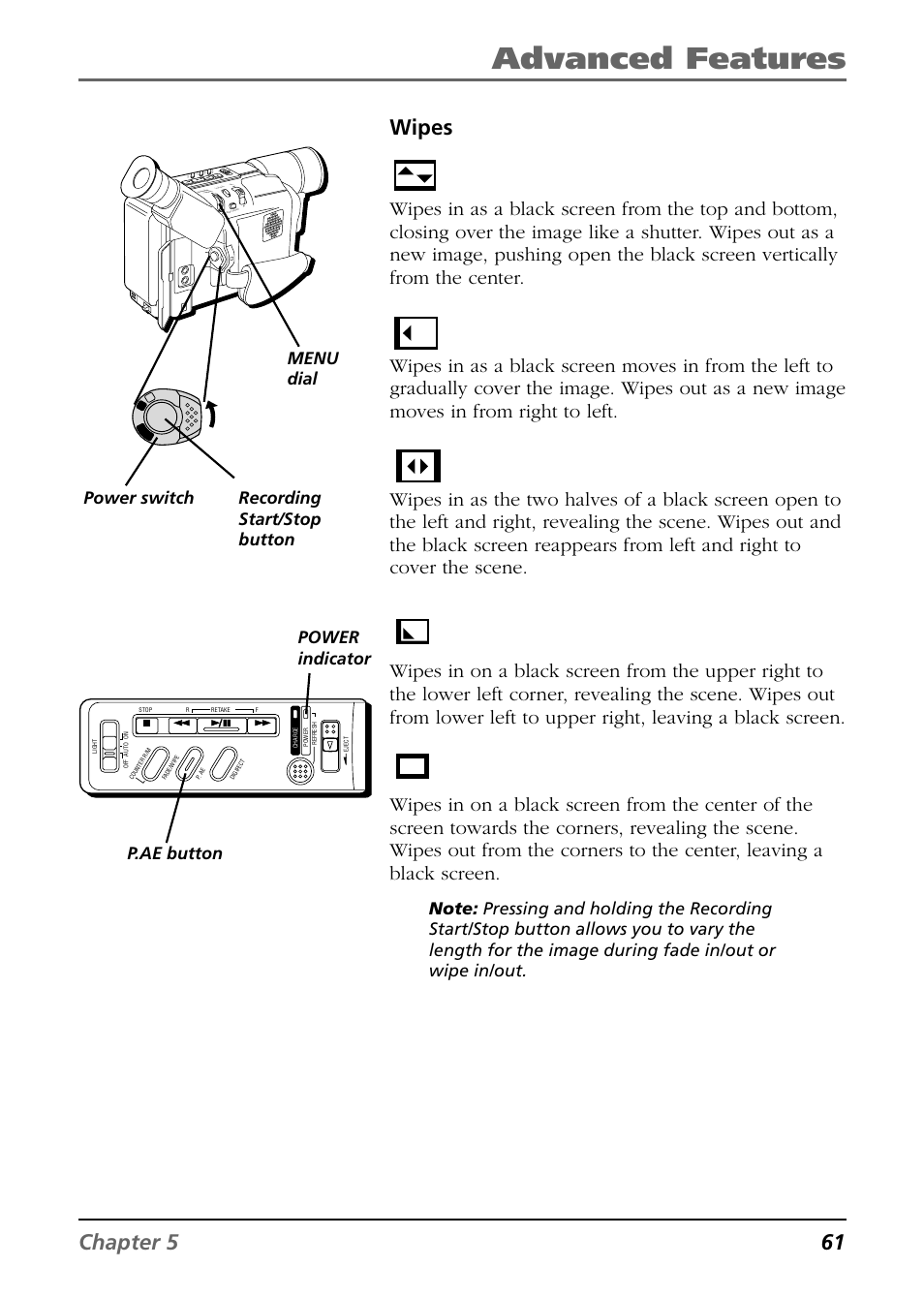 Advanced features, Shutter, Slide | Door, Corner, Window, Chapter 5 61 wipes, Power indicator power switch, Menu dial recording start/stop button p.ae button | RCA CC6374 User Manual | Page 63 / 104