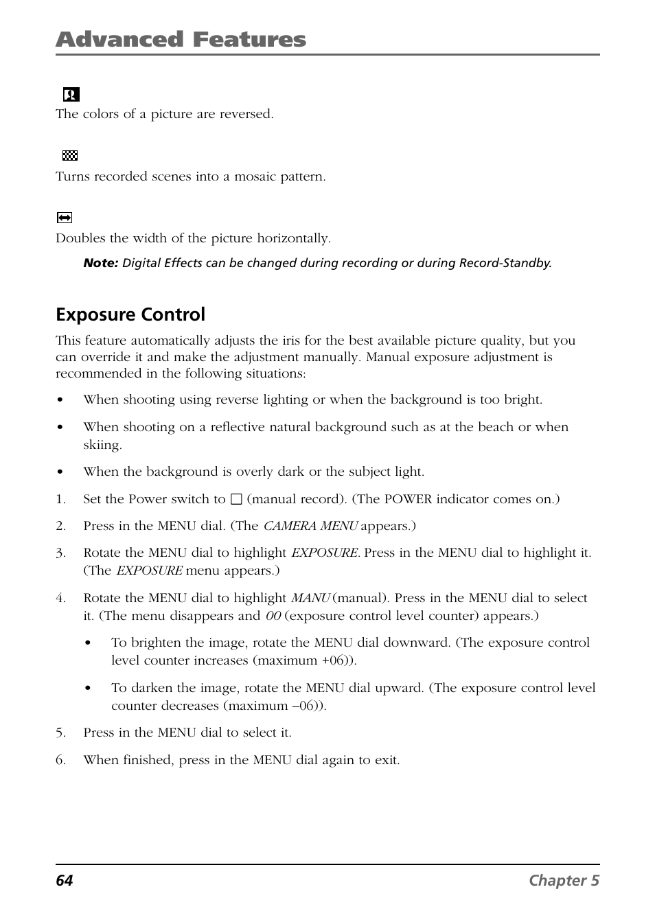 Exposure control, Advanced features | RCA CC6374 User Manual | Page 66 / 104