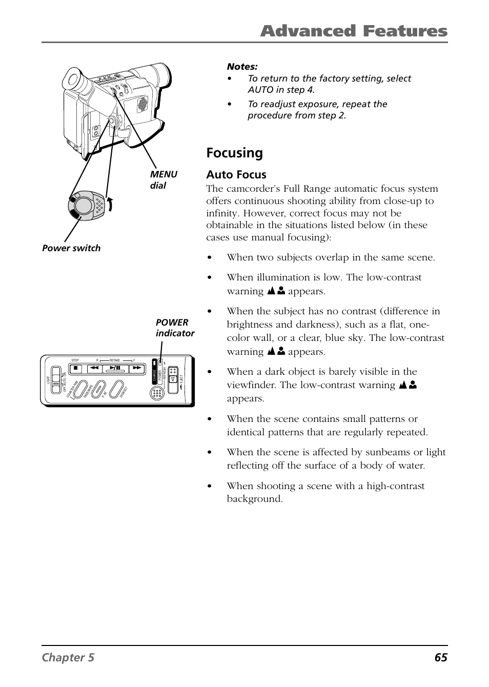 Focusing, Advanced features, Chapter 5 65 | Auto focus, Power indicator power switch, Menu dial | RCA CC6374 User Manual | Page 67 / 104