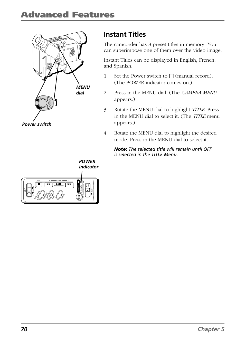 Instant titles, Animation, Advanced features | 70 chapter 5, Power indicator power switch, Menu dial | RCA CC6374 User Manual | Page 72 / 104