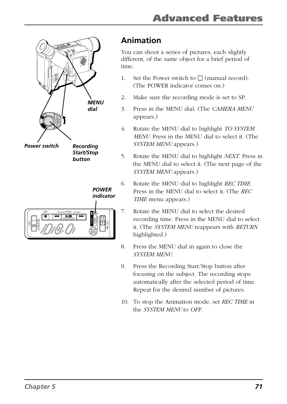 Animation, Time-lapse, Advanced features | Chapter 5 71, Power indicator power switch, Menu dial recording start/stop button | RCA CC6374 User Manual | Page 73 / 104