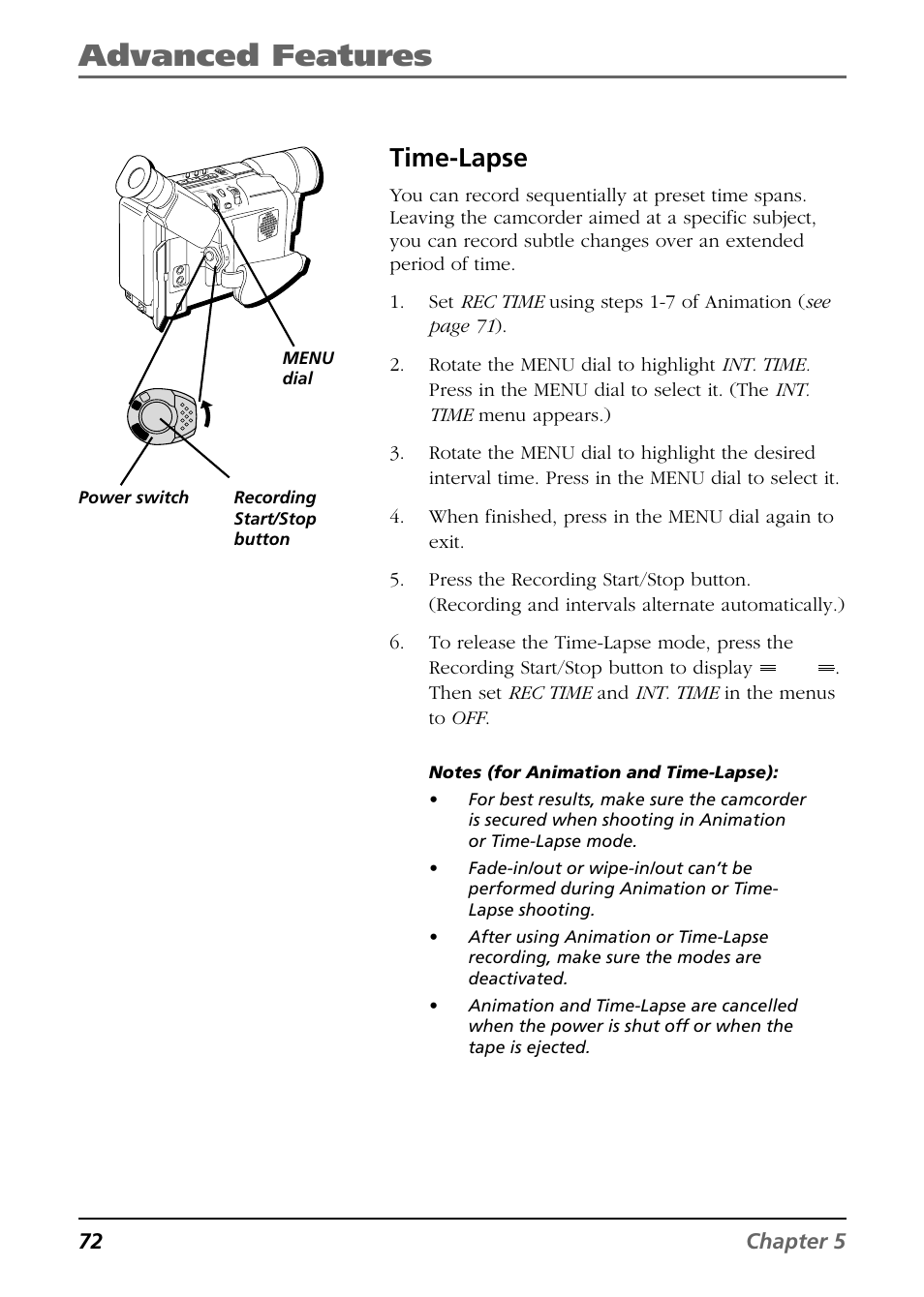 Time-lapse, Advanced features, 72 chapter 5 | Menu dial recording start/stop button | RCA CC6374 User Manual | Page 74 / 104