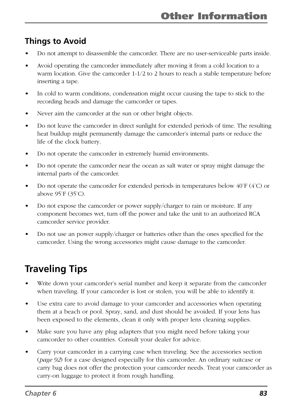 Things to avoid, Traveling tips, Other information | RCA CC6374 User Manual | Page 85 / 104