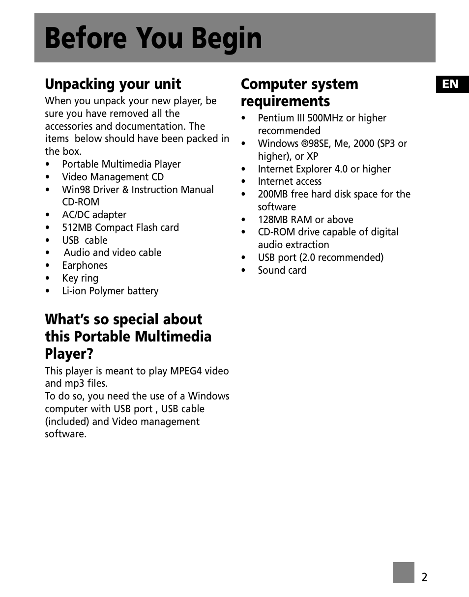 Before you begin, Unpacking your unit, Computer system requirements | RCA X3000 User Manual | Page 13 / 33