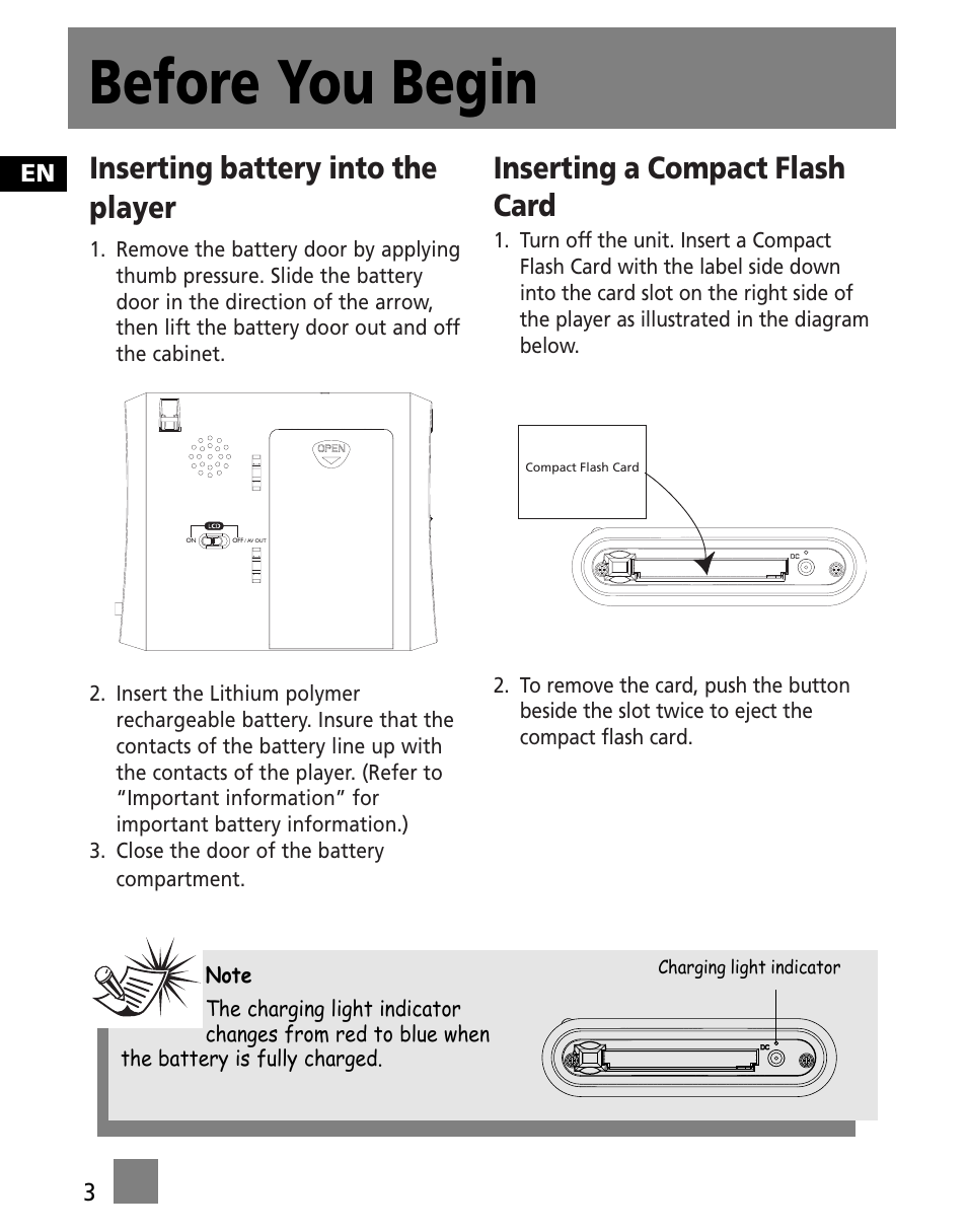Inserting battery into the player, Inserting a compact flash card, Before you begin | En 3 | RCA X3000 User Manual | Page 14 / 33