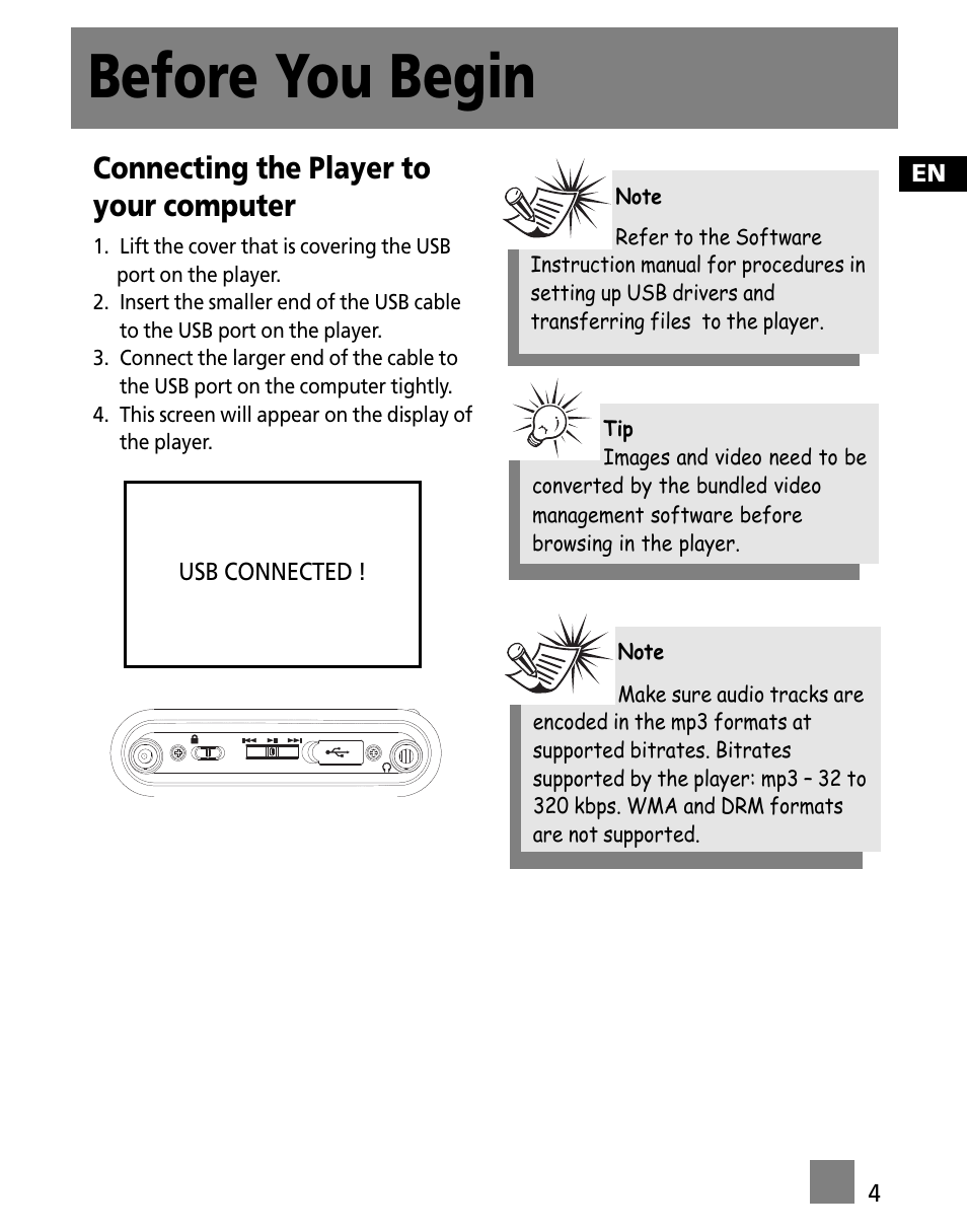 Connecting the player to your computer, Before you begin | RCA X3000 User Manual | Page 15 / 33