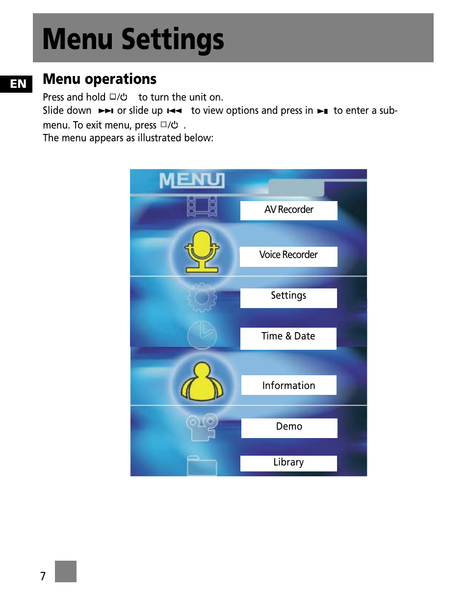 Menu settings, Menu operations | RCA X3000 User Manual | Page 18 / 33