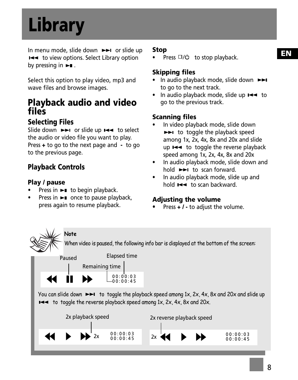 Library, Playback audio and video files, Selecting files | Playback controls | RCA X3000 User Manual | Page 19 / 33