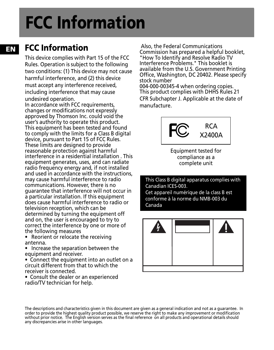 Fcc information, Rca x2400a | RCA X3000 User Manual | Page 2 / 33