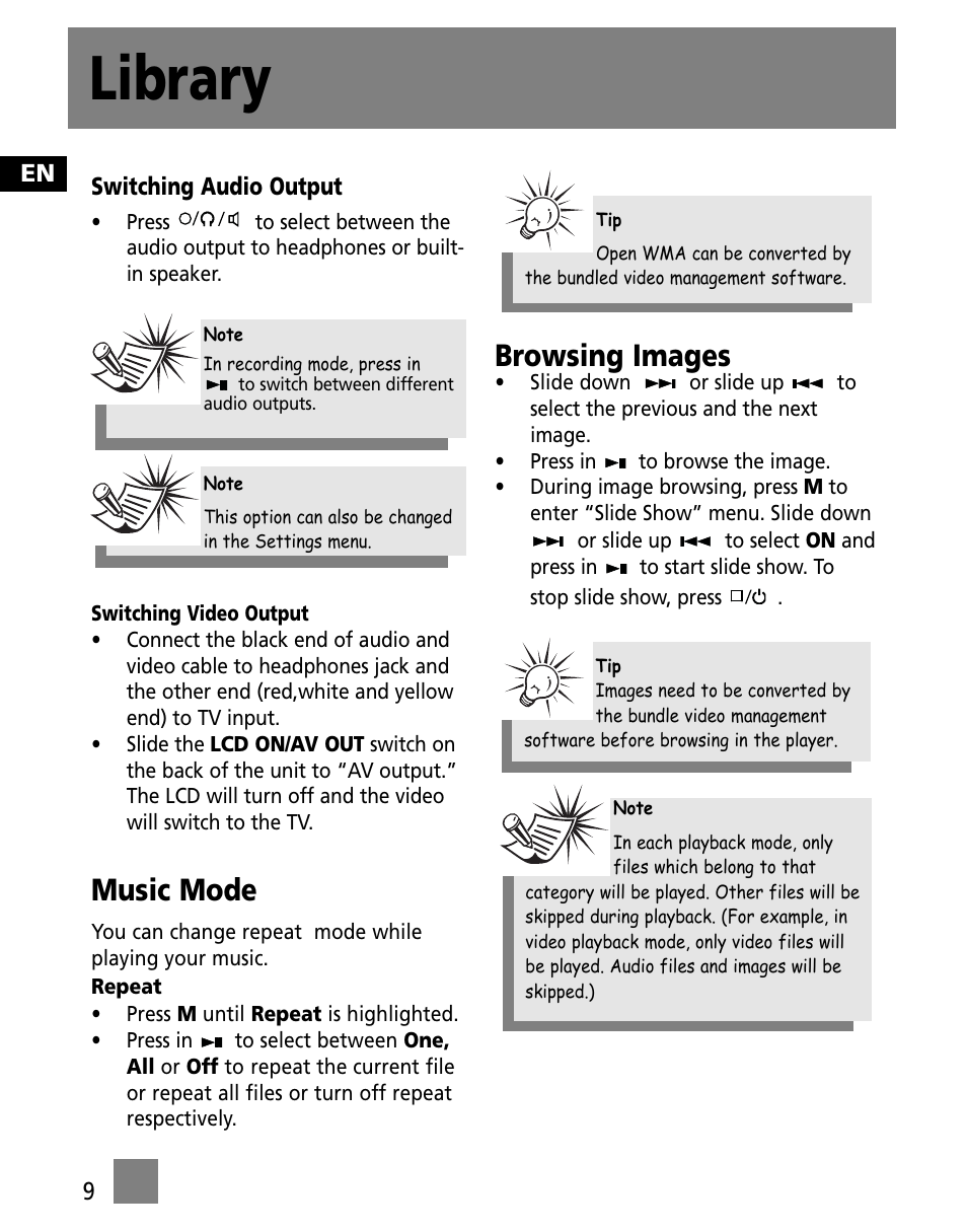 Library, Music mode, Browsing images | RCA X3000 User Manual | Page 20 / 33