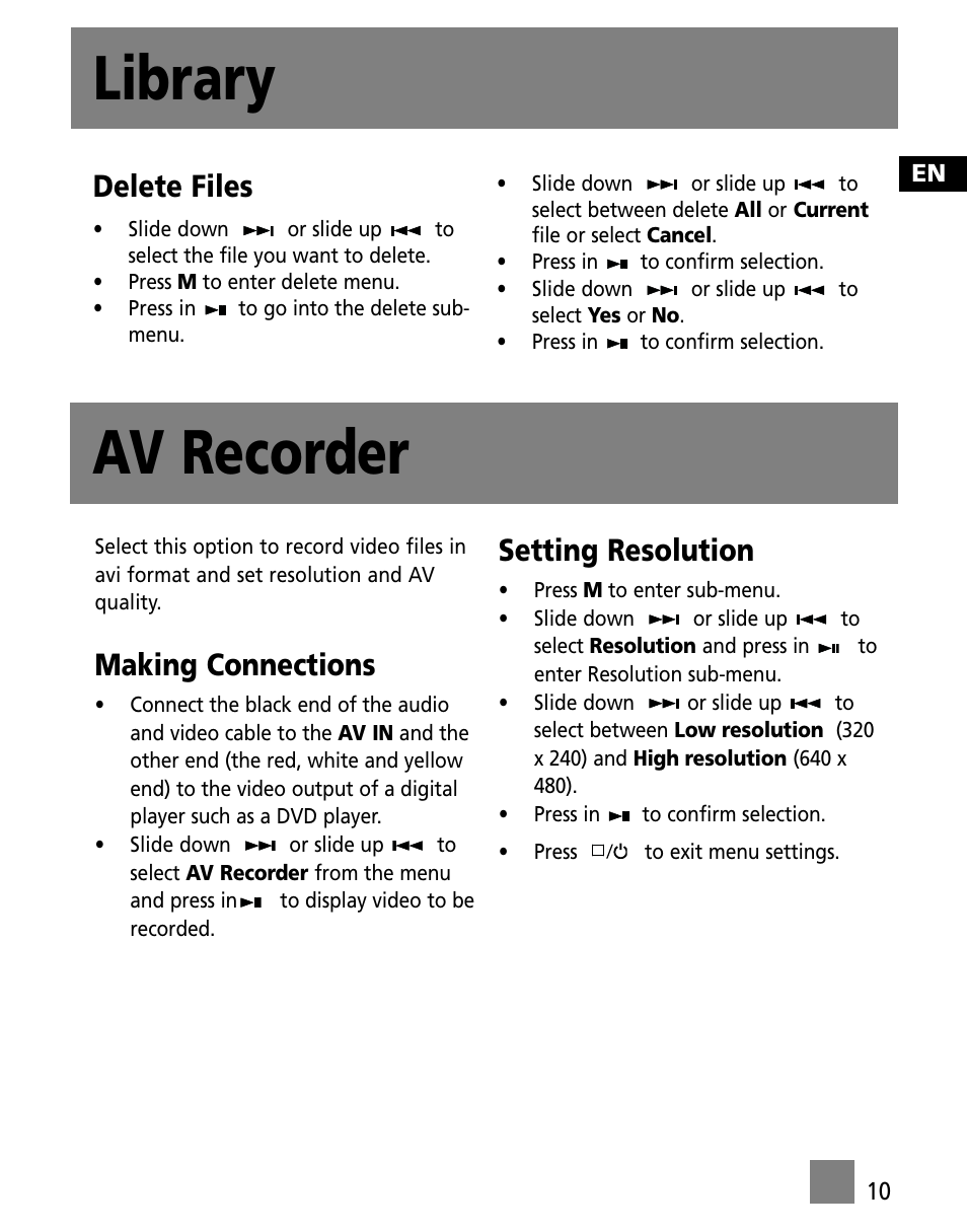 Av recorder, Library, Making connections | Setting resolution, Delete files | RCA X3000 User Manual | Page 21 / 33