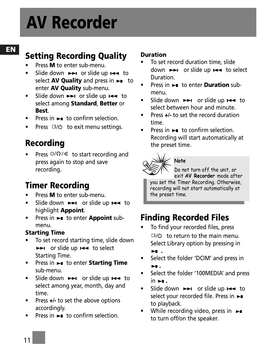 Av recorder, Setting recording quality, Recording | Timer recording, Finding recorded files | RCA X3000 User Manual | Page 22 / 33