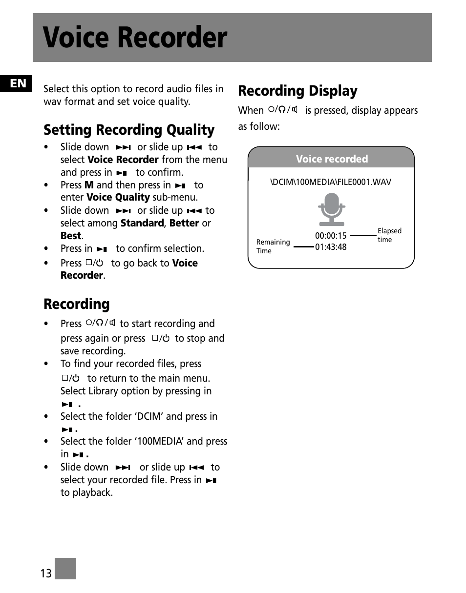 Voice recorder, Setting recording quality, Recording | Recording display | RCA X3000 User Manual | Page 24 / 33