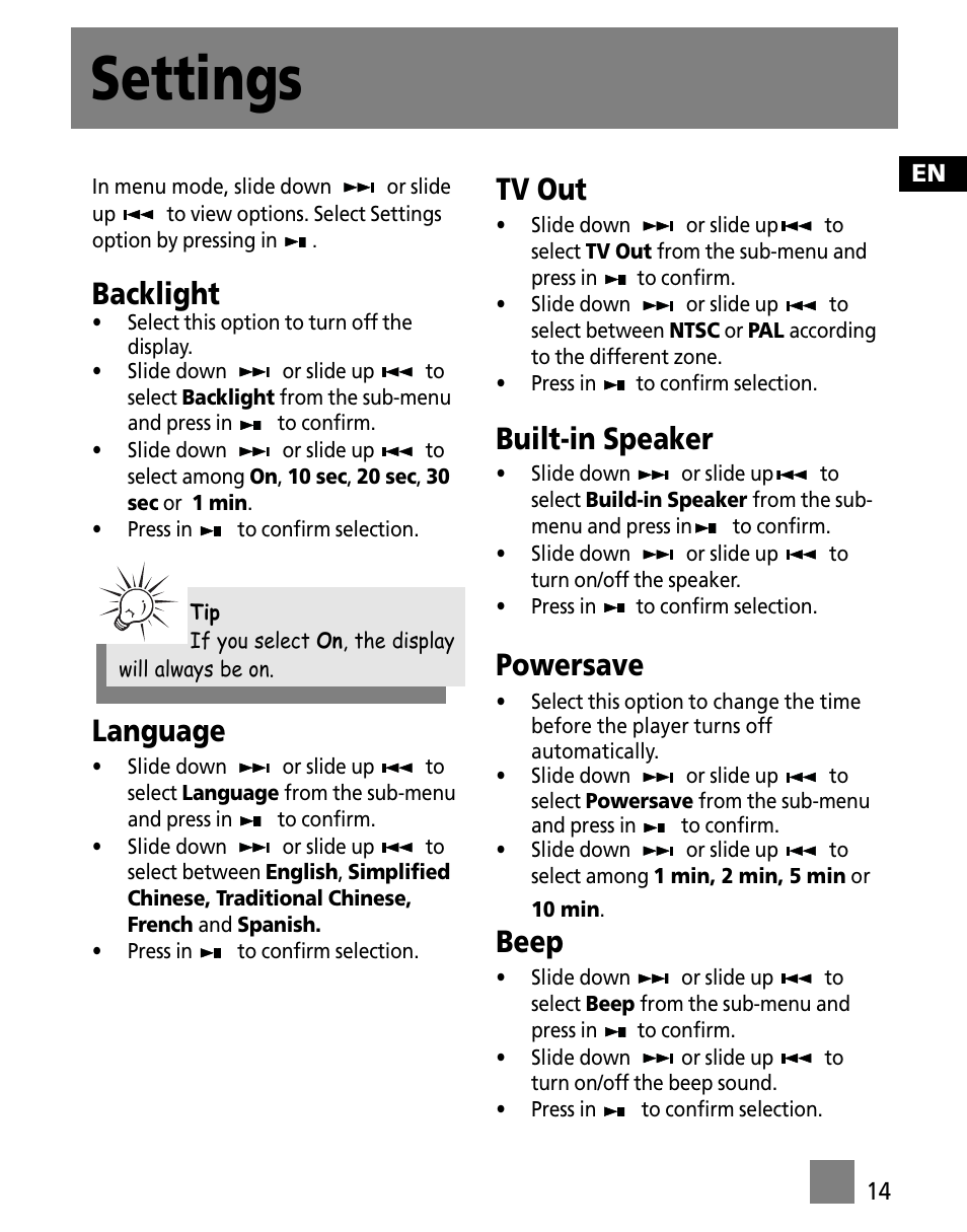 Settings, Backlight, Language | Tv out, Built-in speaker, Powersave, Beep | RCA X3000 User Manual | Page 25 / 33