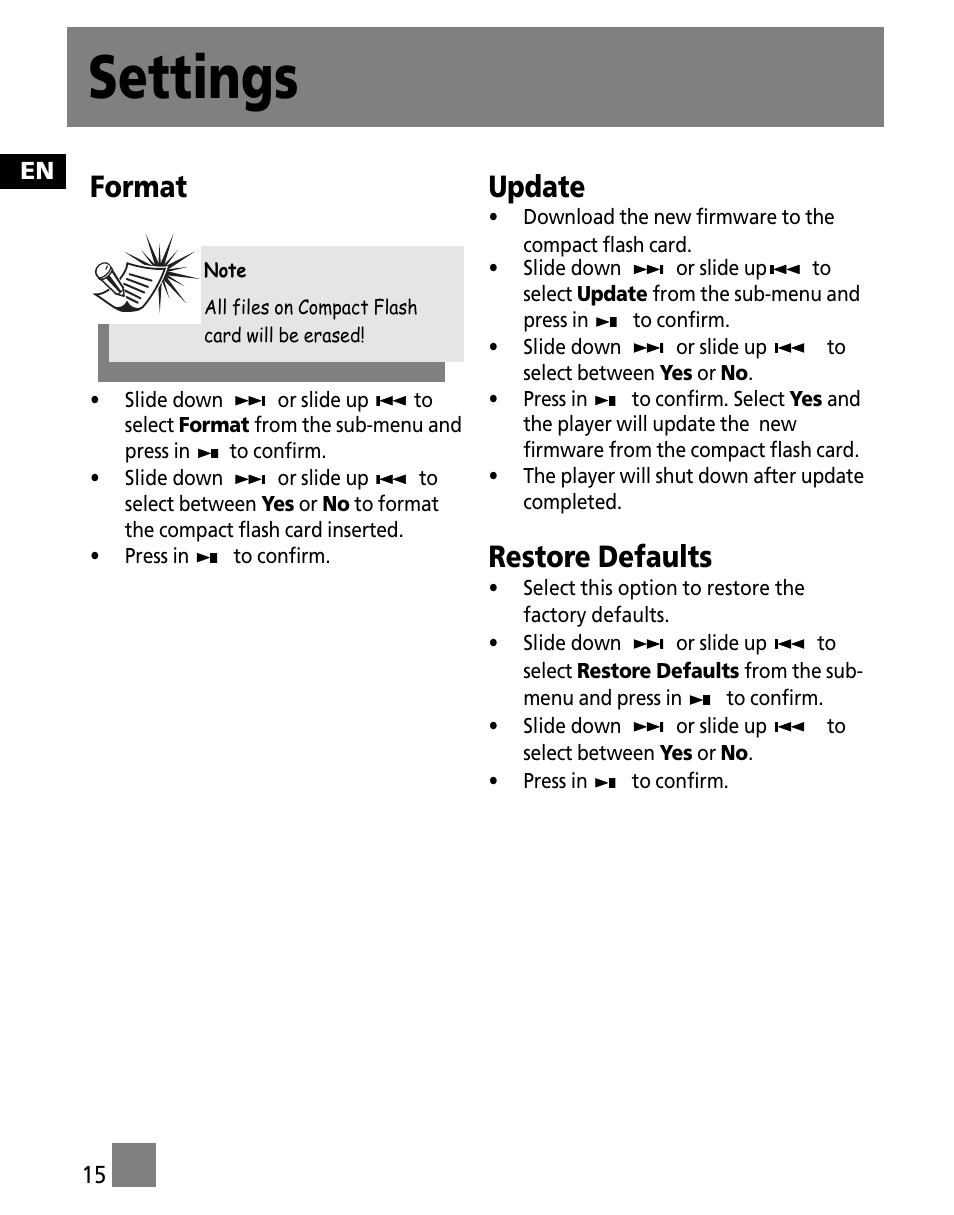 Settings, Format, Update | Restore defaults | RCA X3000 User Manual | Page 26 / 33