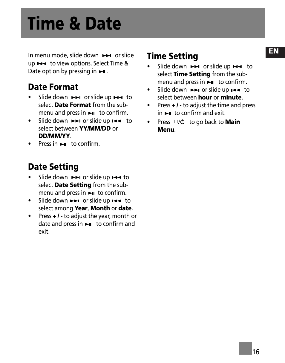 Time & date, Date format, Date setting | Time setting | RCA X3000 User Manual | Page 27 / 33