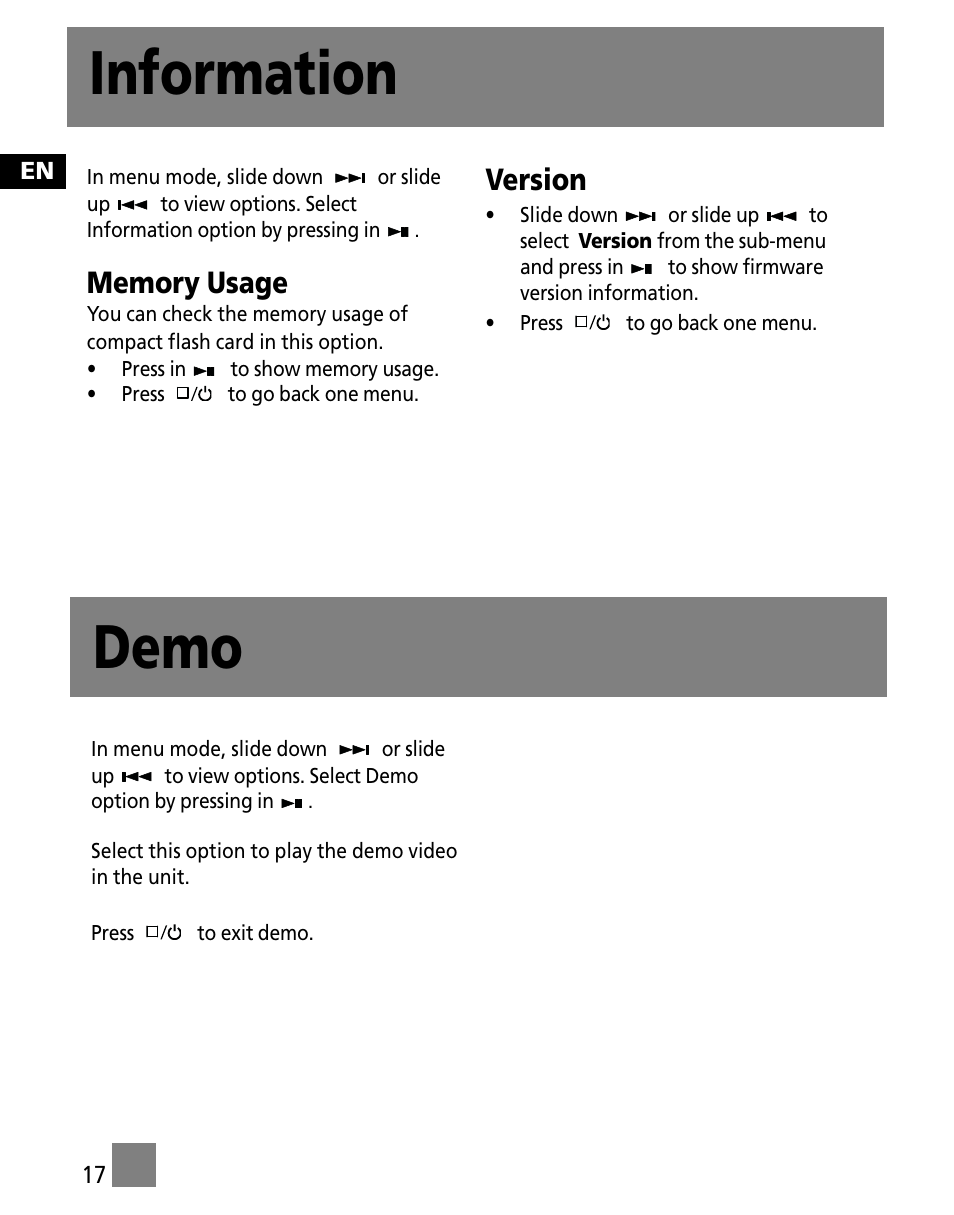 Information, Demo, Version | RCA X3000 User Manual | Page 28 / 33