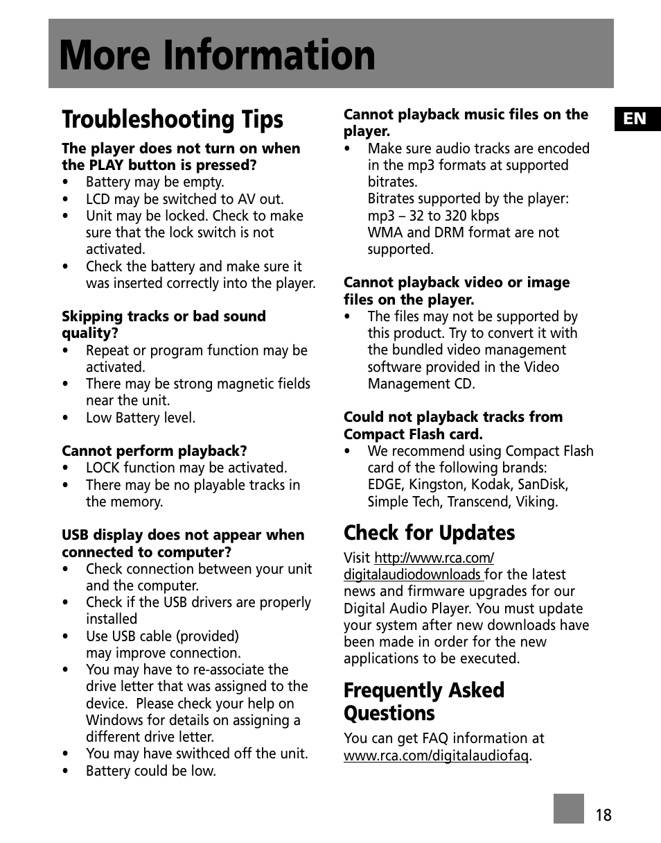 More information, Troubleshooting tips, Check for updates | Frequently asked questions | RCA X3000 User Manual | Page 29 / 33