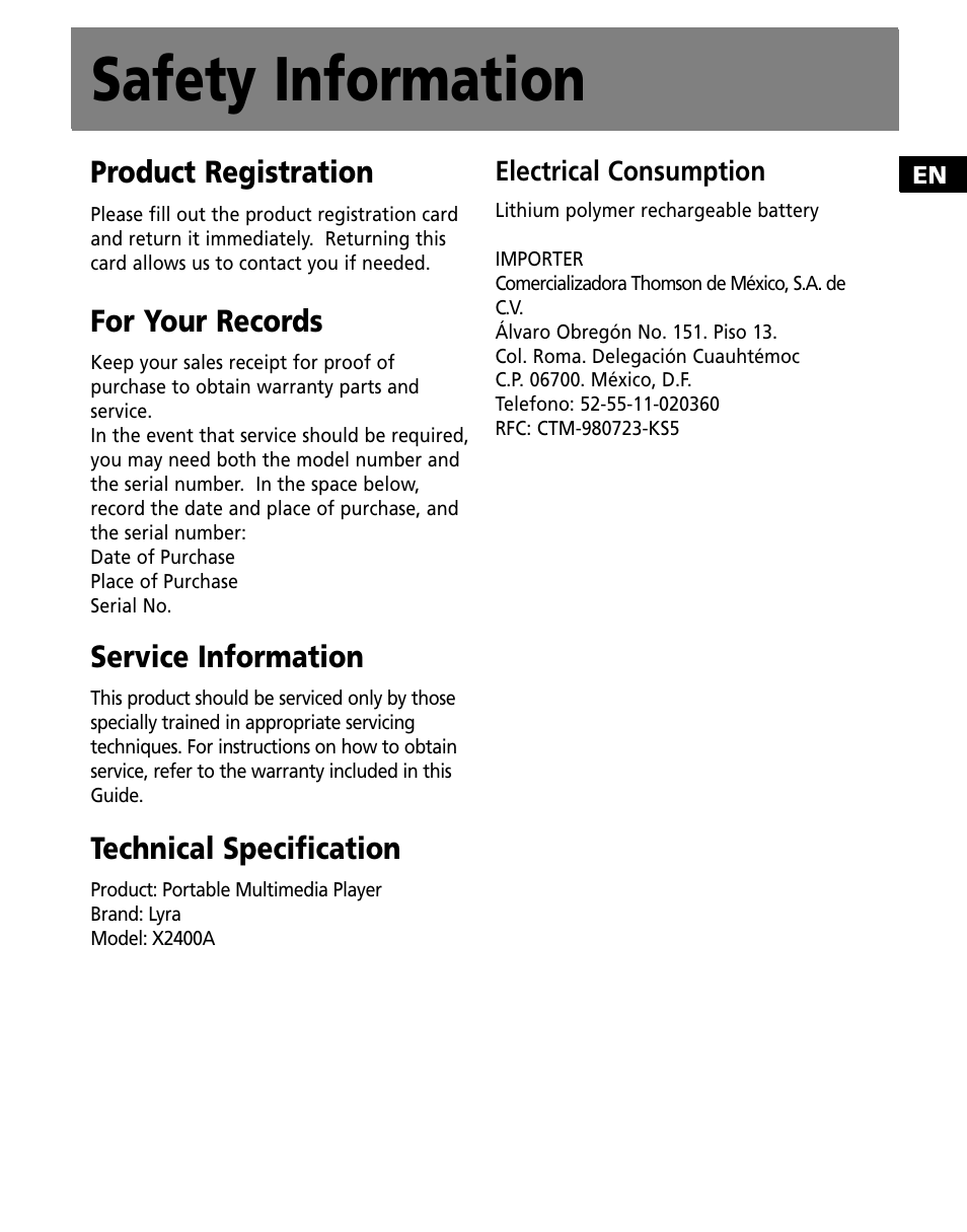 Safety information, Product registration, For your records | Service information, Technical specification | RCA X3000 User Manual | Page 3 / 33