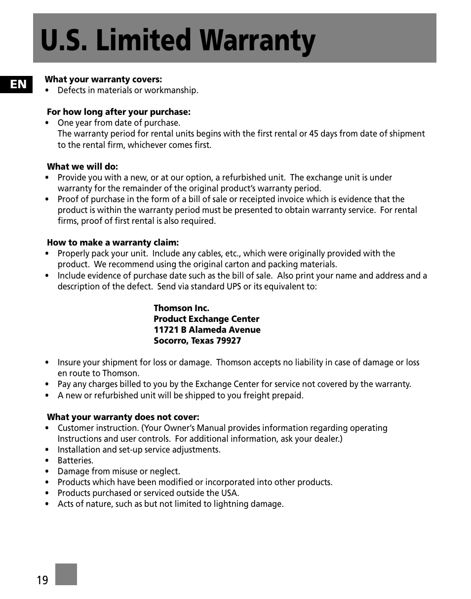 U.s. limited warranty | RCA X3000 User Manual | Page 30 / 33