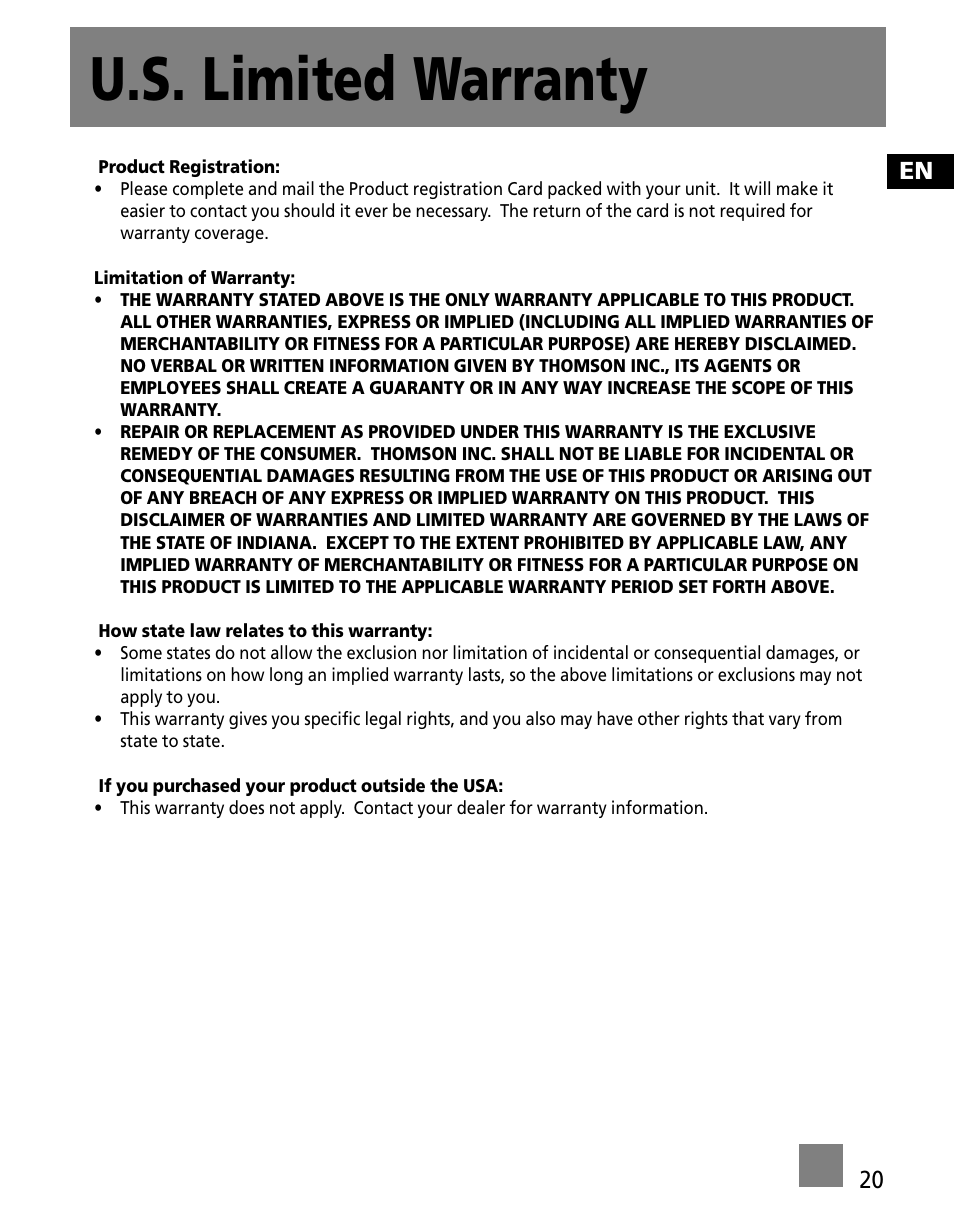 U.s. limited warranty | RCA X3000 User Manual | Page 31 / 33