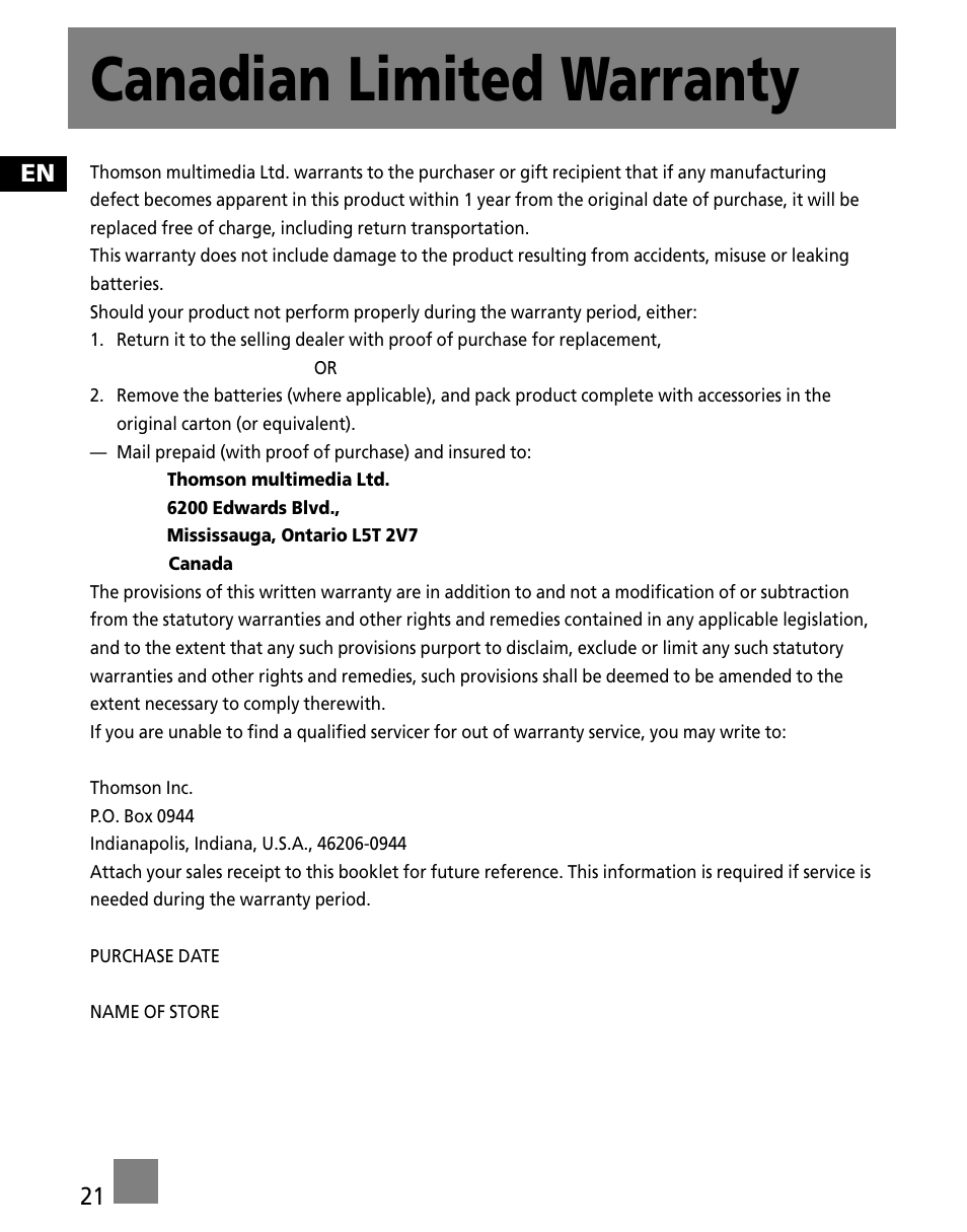 Canadian limited warranty | RCA X3000 User Manual | Page 32 / 33