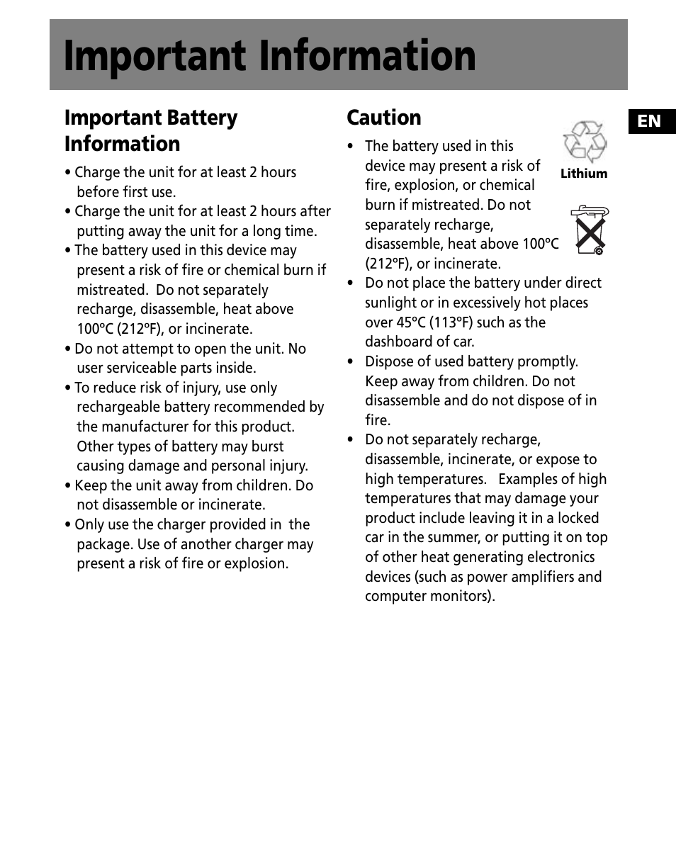 Important battery information, Caution, Important information | RCA X3000 User Manual | Page 5 / 33