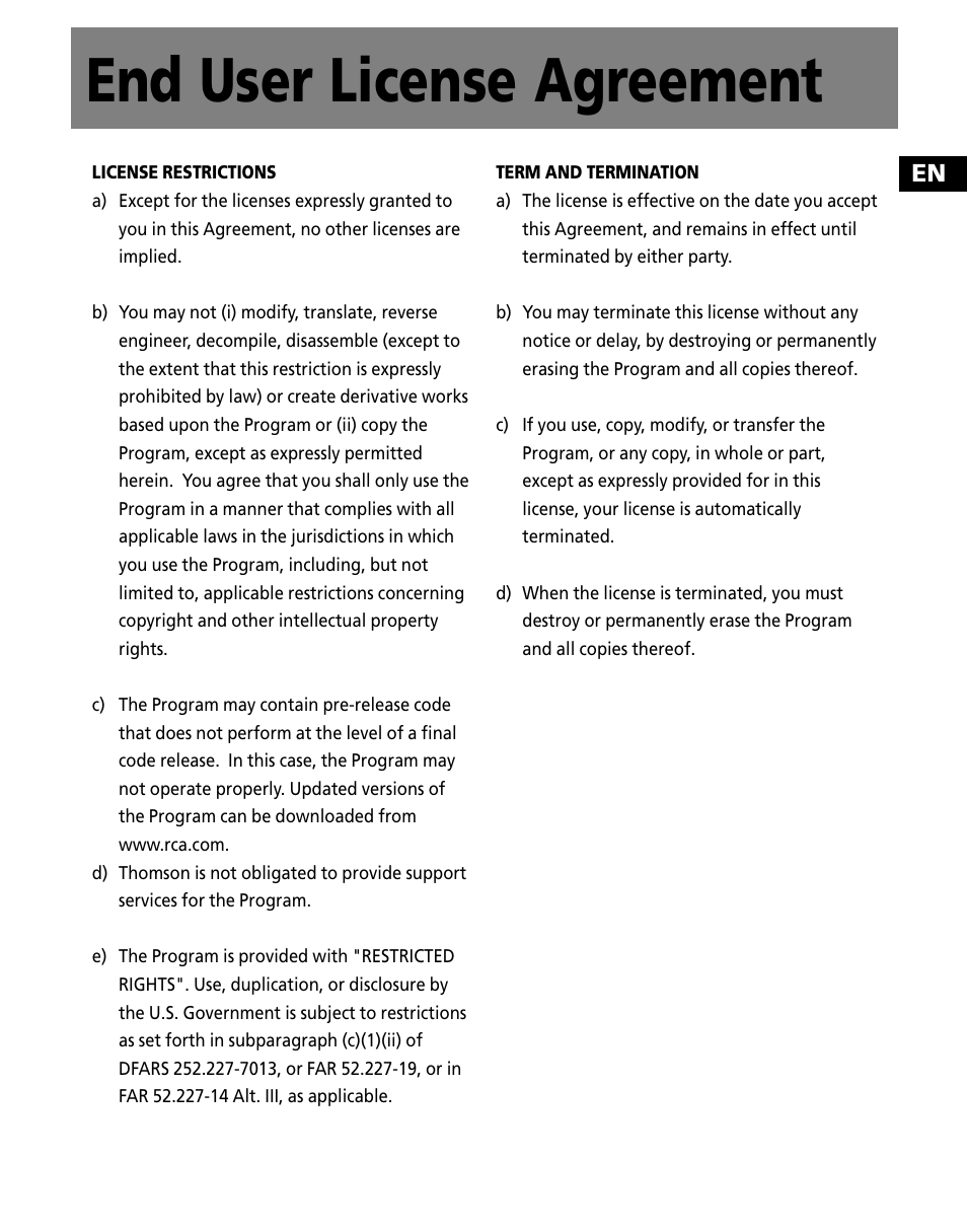 End user license agreement | RCA X3000 User Manual | Page 9 / 33