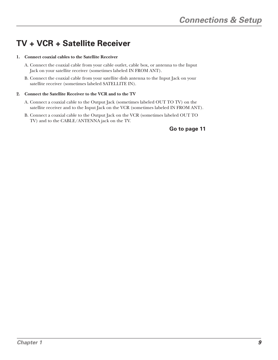 Connections & setup tv + vcr + satellite receiver | RCA F25339 User Manual | Page 11 / 48