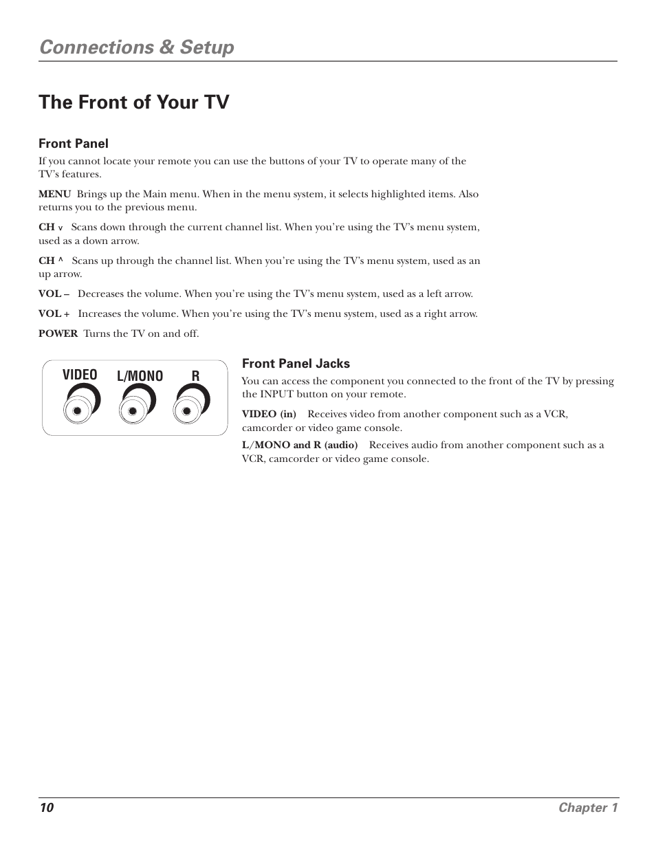 Connections & setup the front of your tv | RCA F25339 User Manual | Page 12 / 48