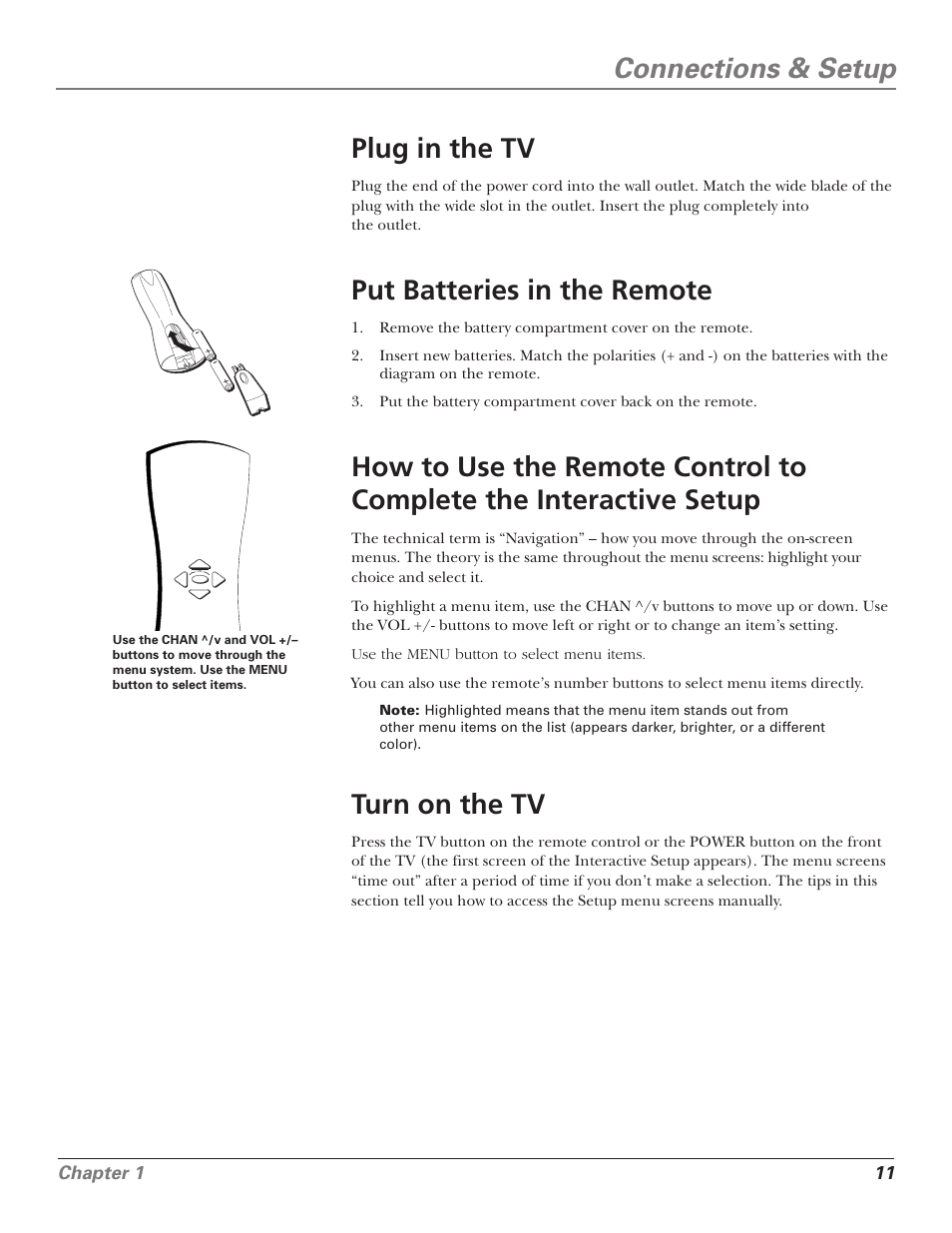 Connections & setup, Plug in the tv, Put batteries in the remote | Turn on the tv | RCA F25339 User Manual | Page 13 / 48