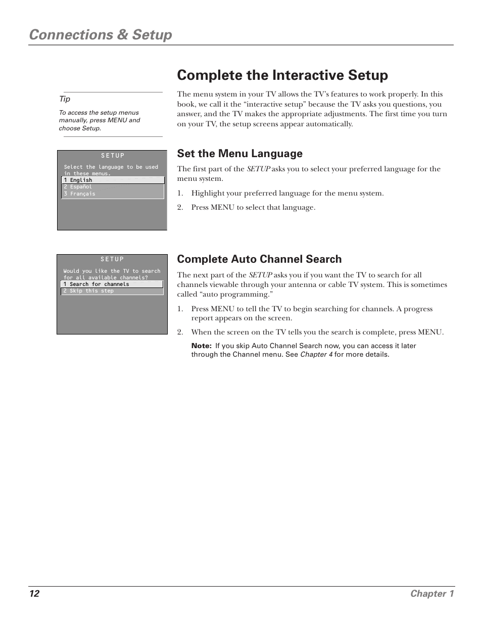 Connections & setup complete the interactive setup, Set the menu language, Complete auto channel search | 12 chapter 1 | RCA F25339 User Manual | Page 14 / 48