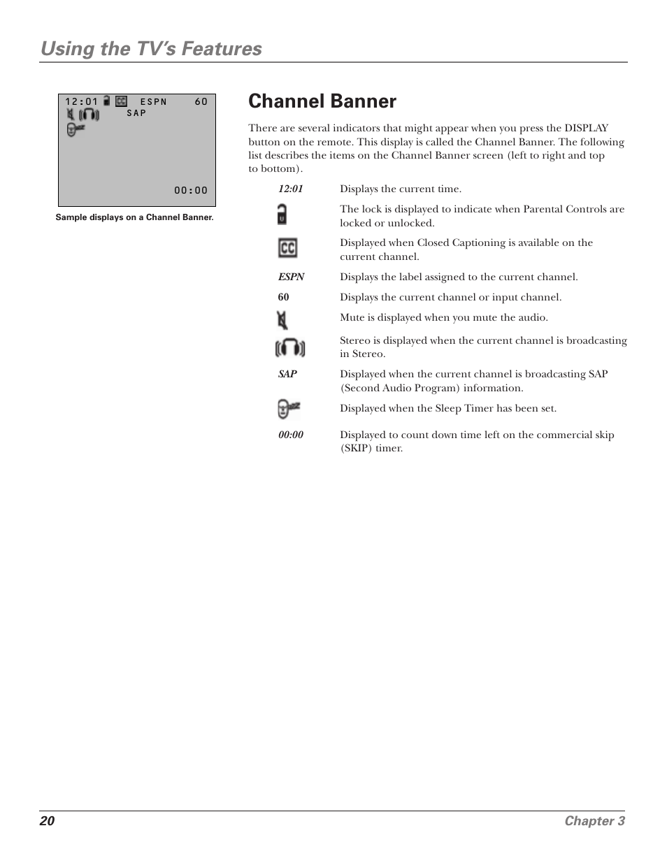 Using the tv’s features, Channel banner | RCA F25339 User Manual | Page 22 / 48
