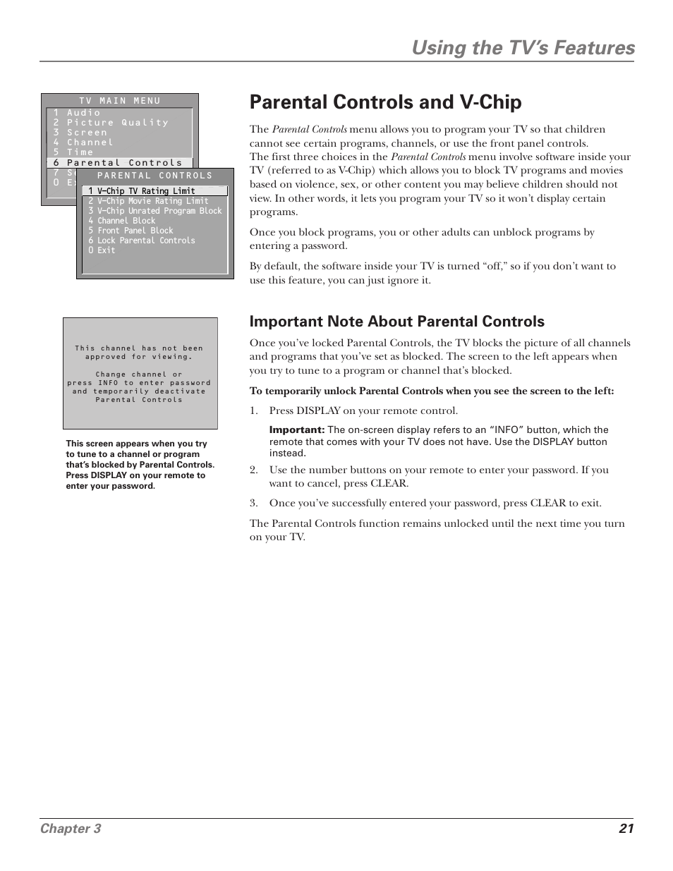 Using the tv’s features, Parental controls and v-chip, Chapter 3 21 | RCA F25339 User Manual | Page 23 / 48