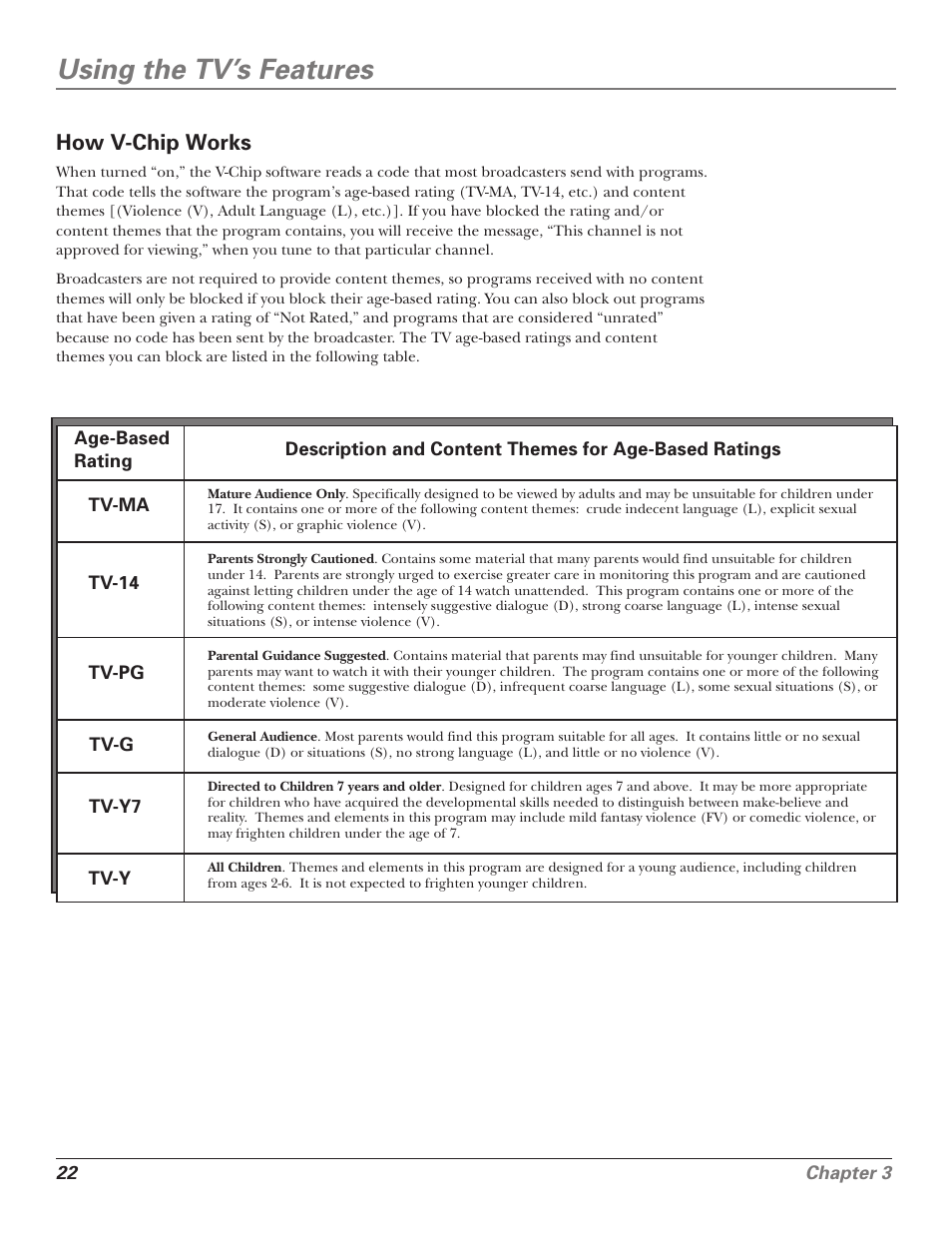 Using the tv’s features, How v-chip works | RCA F25339 User Manual | Page 24 / 48