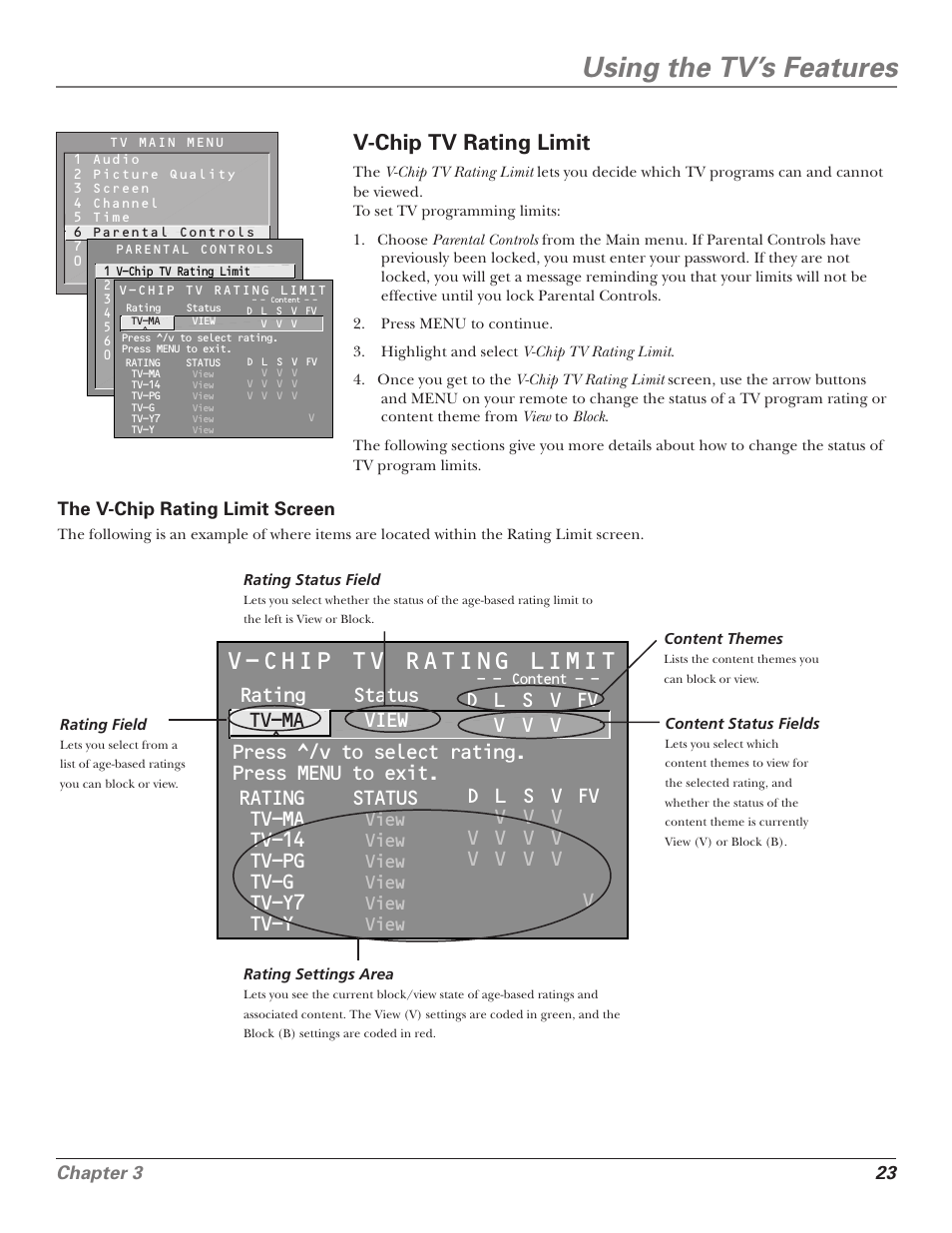 Using the tv’s features, V-chip tv rating limit, Rating status tv-ma view | Tv-14, Tv-pg, Tv-g, Tv-y7, Tv-y, Chapter 3 23, View | RCA F25339 User Manual | Page 25 / 48
