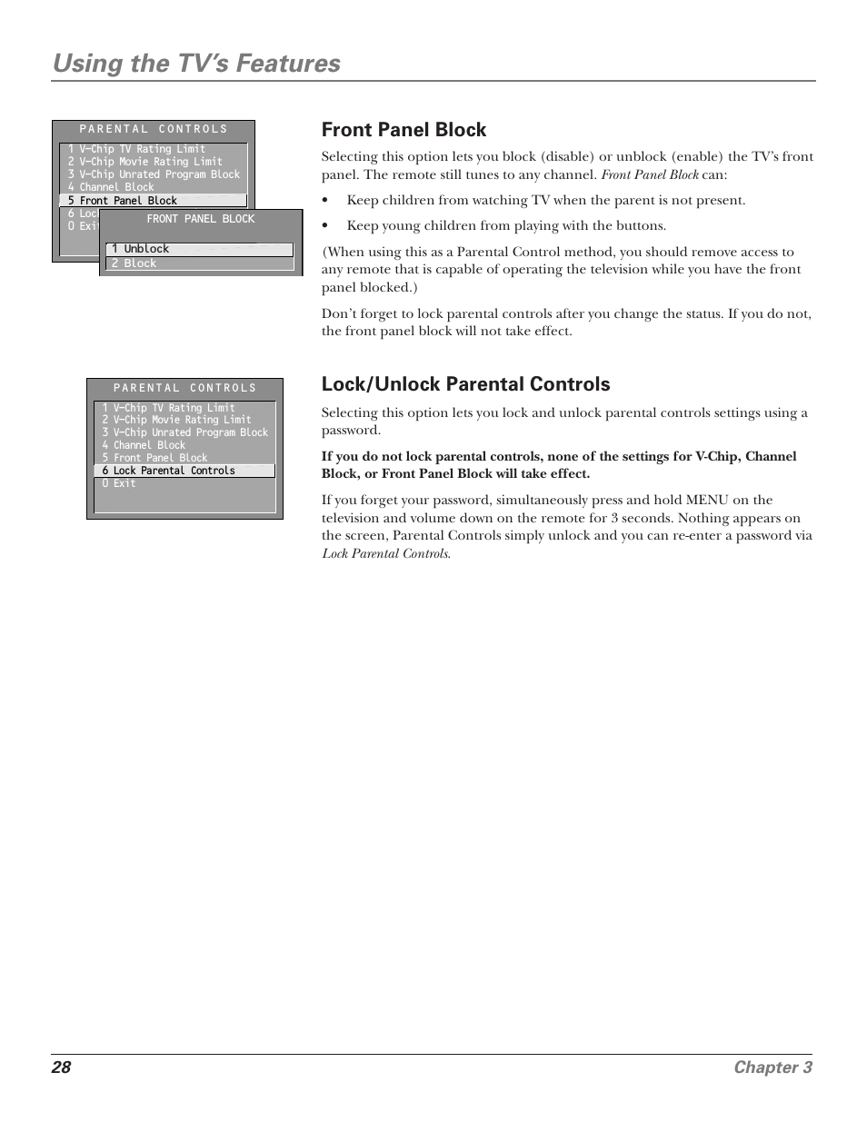 Using the tv’s features, Front panel block, Lock/unlock parental controls | 28 chapter 3 | RCA F25339 User Manual | Page 30 / 48