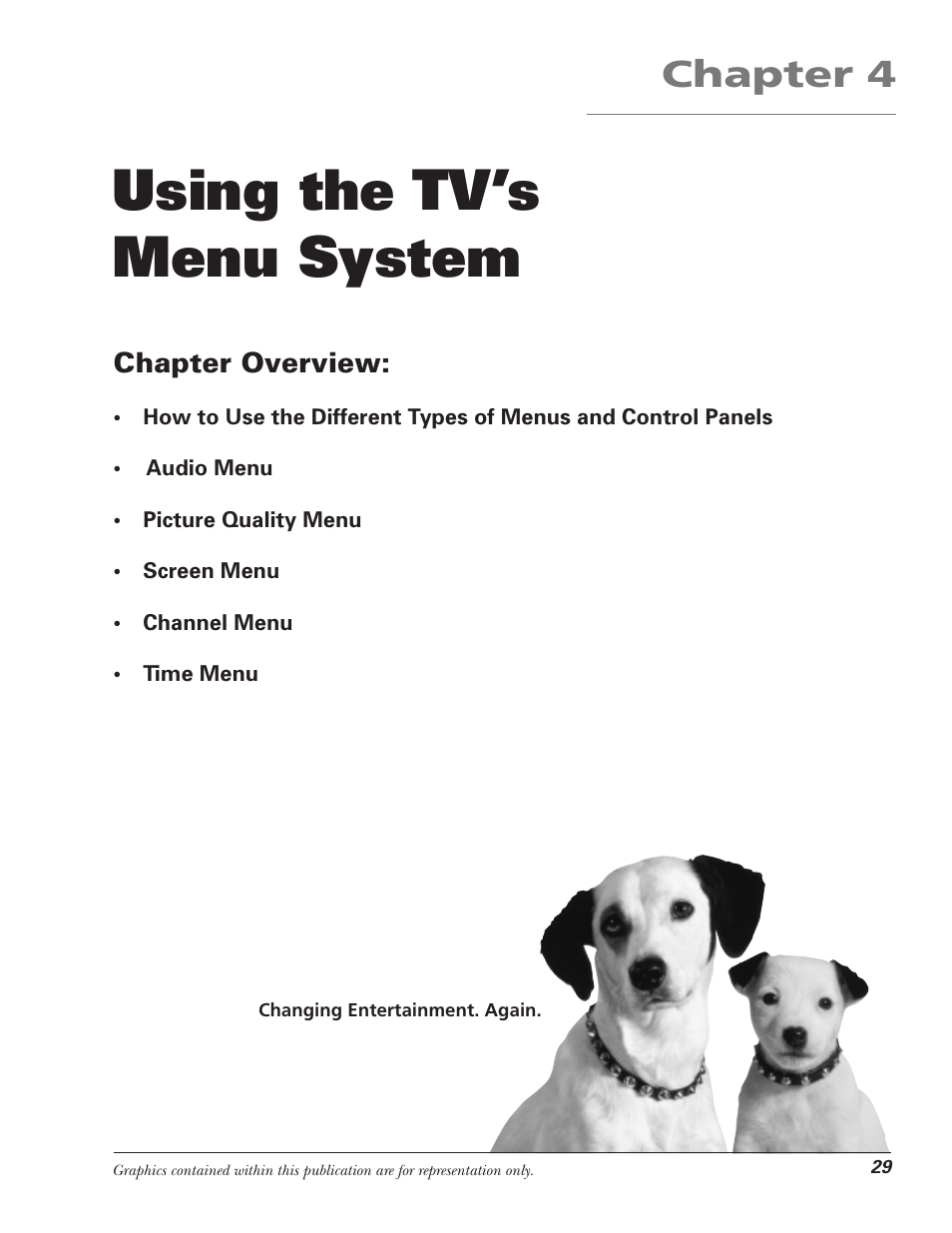 Using the tv’s menu system, Chapter 4, Chapter overview | RCA F25339 User Manual | Page 31 / 48