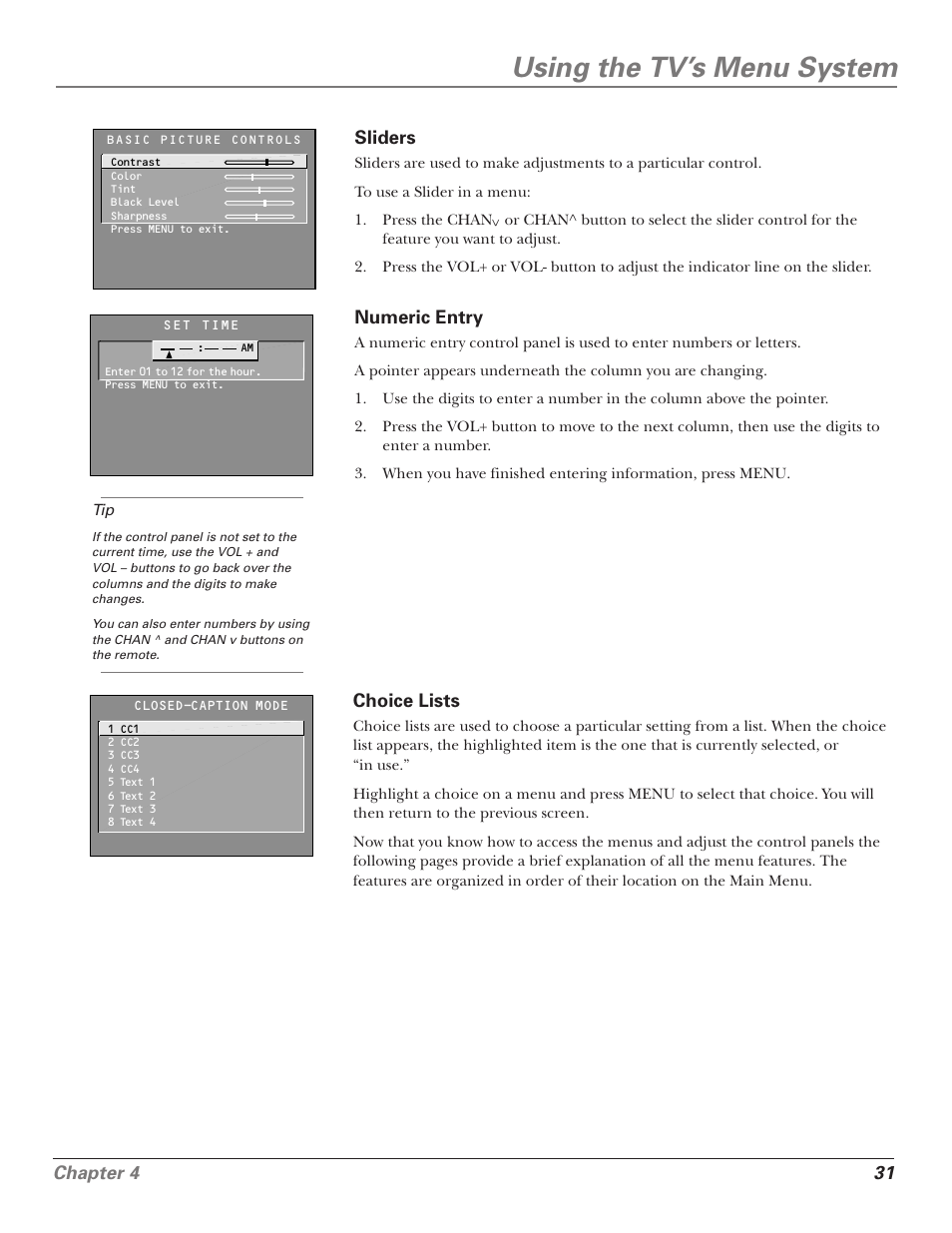 Using the tv’s menu system, Chapter 4 31 | RCA F25339 User Manual | Page 33 / 48