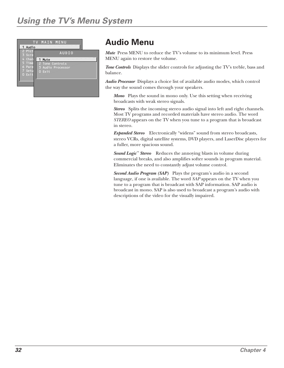 Using the tv’s menu system audio menu, 32 chapter 4 | RCA F25339 User Manual | Page 34 / 48