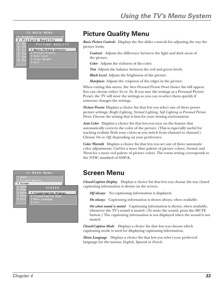 Using the tv’s menu system, Picture quality menu, Screen menu | Chapter 4 33 | RCA F25339 User Manual | Page 35 / 48